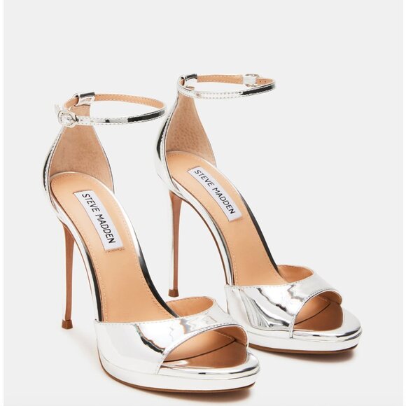 Steve Madden Wiley Silver Chrome Stiletto Heels Metallic Open Toe Size 6 NYE - Picture 2 of 14